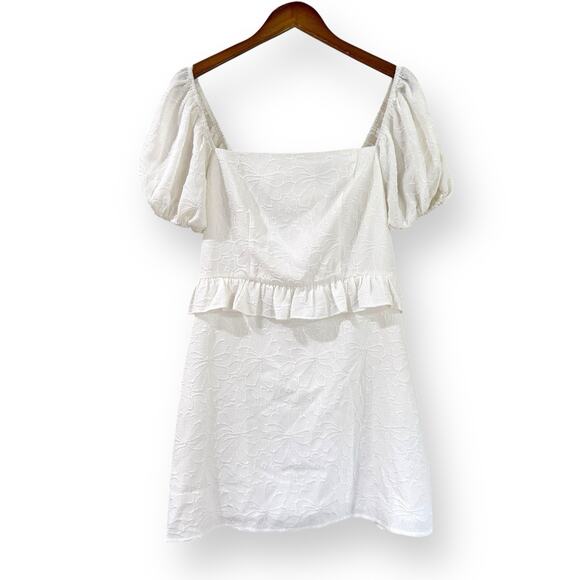 Lulus Striking Beauty White Floral Jacquard Puff Sleeve Mini Dress Size Large - Picture 2 of 11